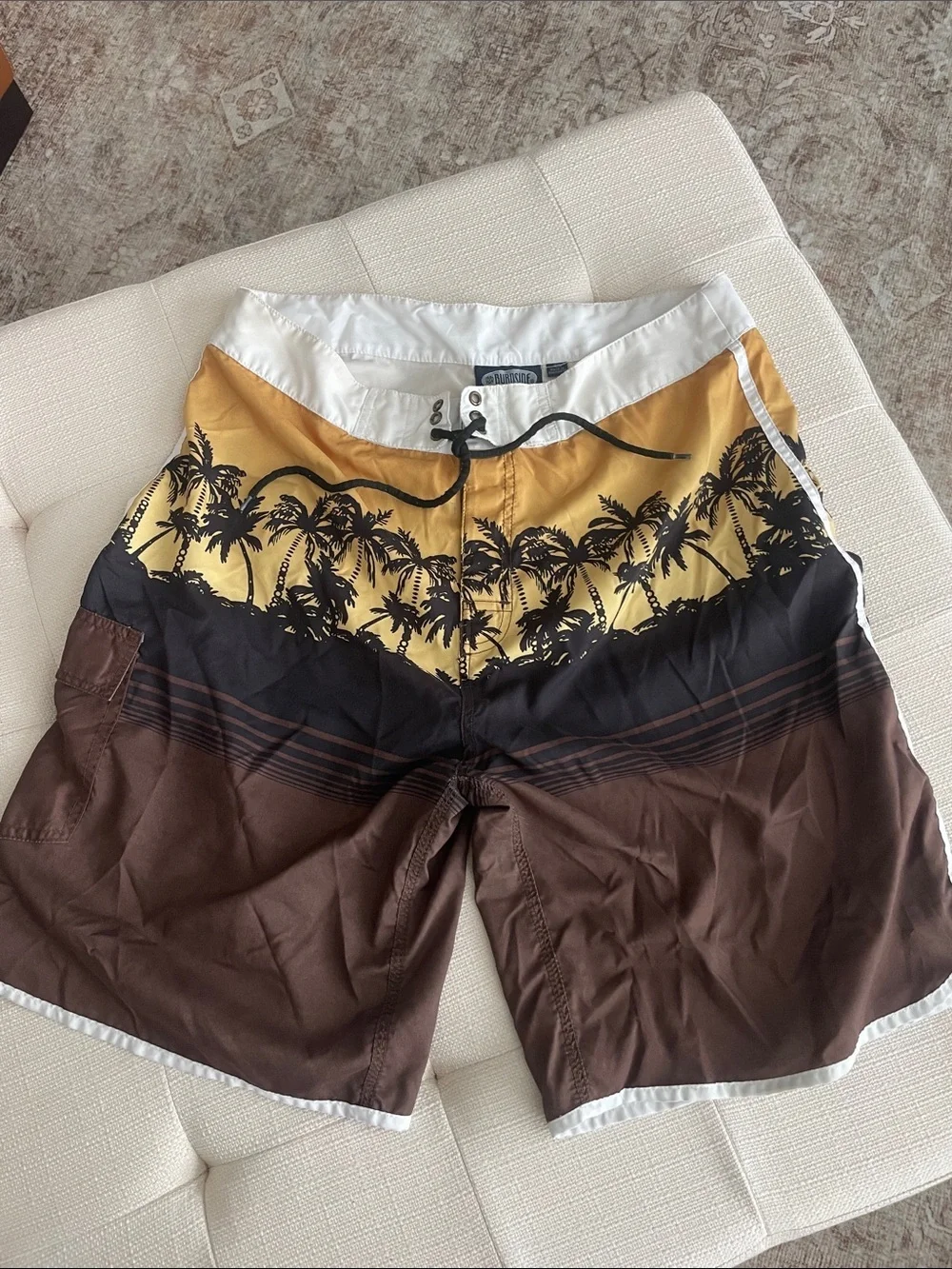 burnside Yellow, Black & Brown Palm-Print Swim Board Shorts